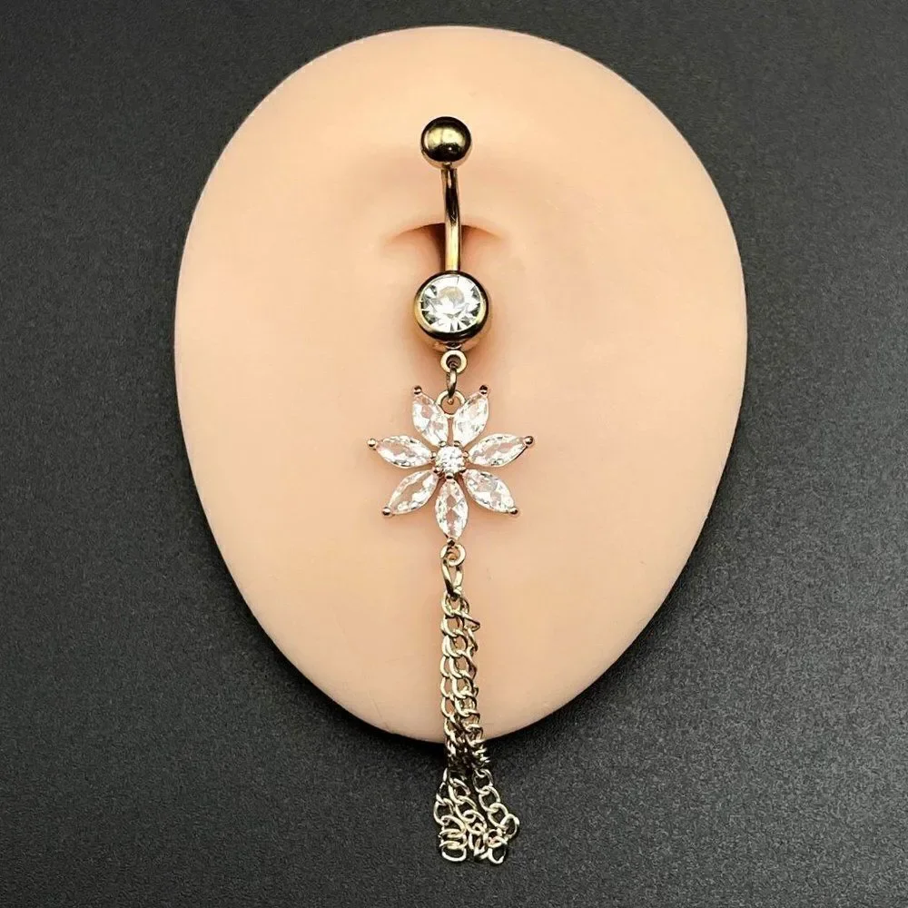 316L Stainless Steel with White Diamond Cubic Zirconia Flower 14G Belly Ring